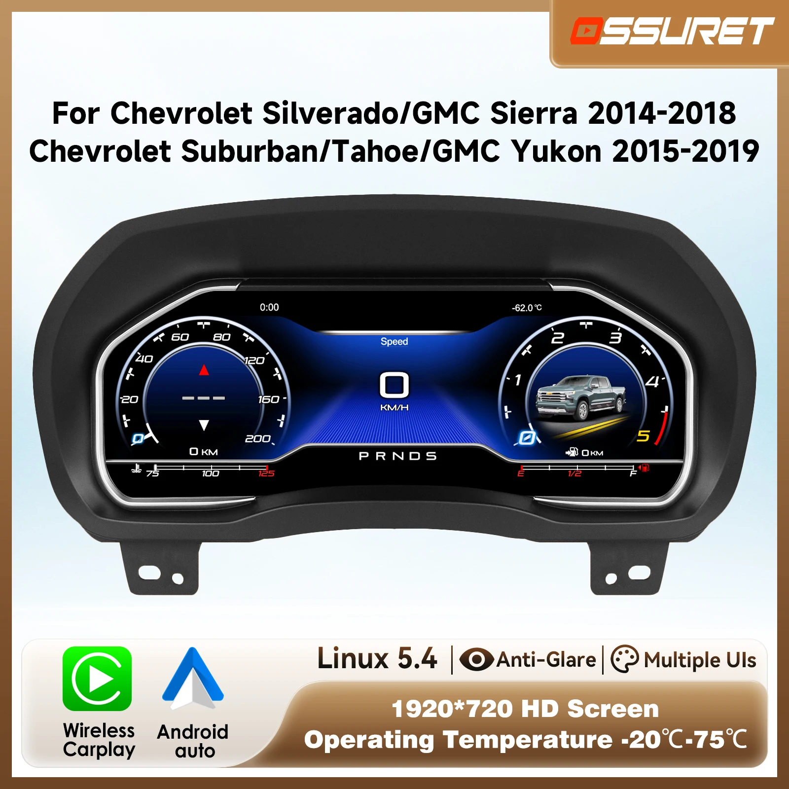 1920*720 HD Dashboard Panel For Chevrolet Silverado Suburban Tahoe GMC Sierra Yukon 2014-2018 Digital Instrument Cluster Cockpit