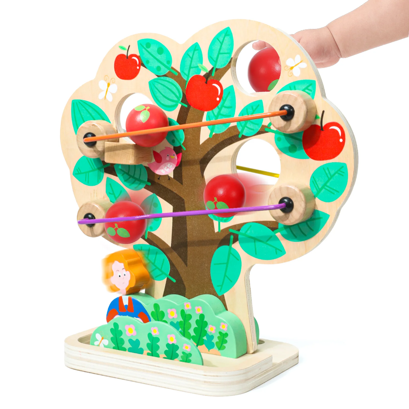 Wooden Apple Tree Bead Maze Toy, Montessori Toddler Roller Slide Toy, Educational Fine Motor Skill Development Toy for Kids 1‑3 Years Old, Birthday Gift for Boys & Girls