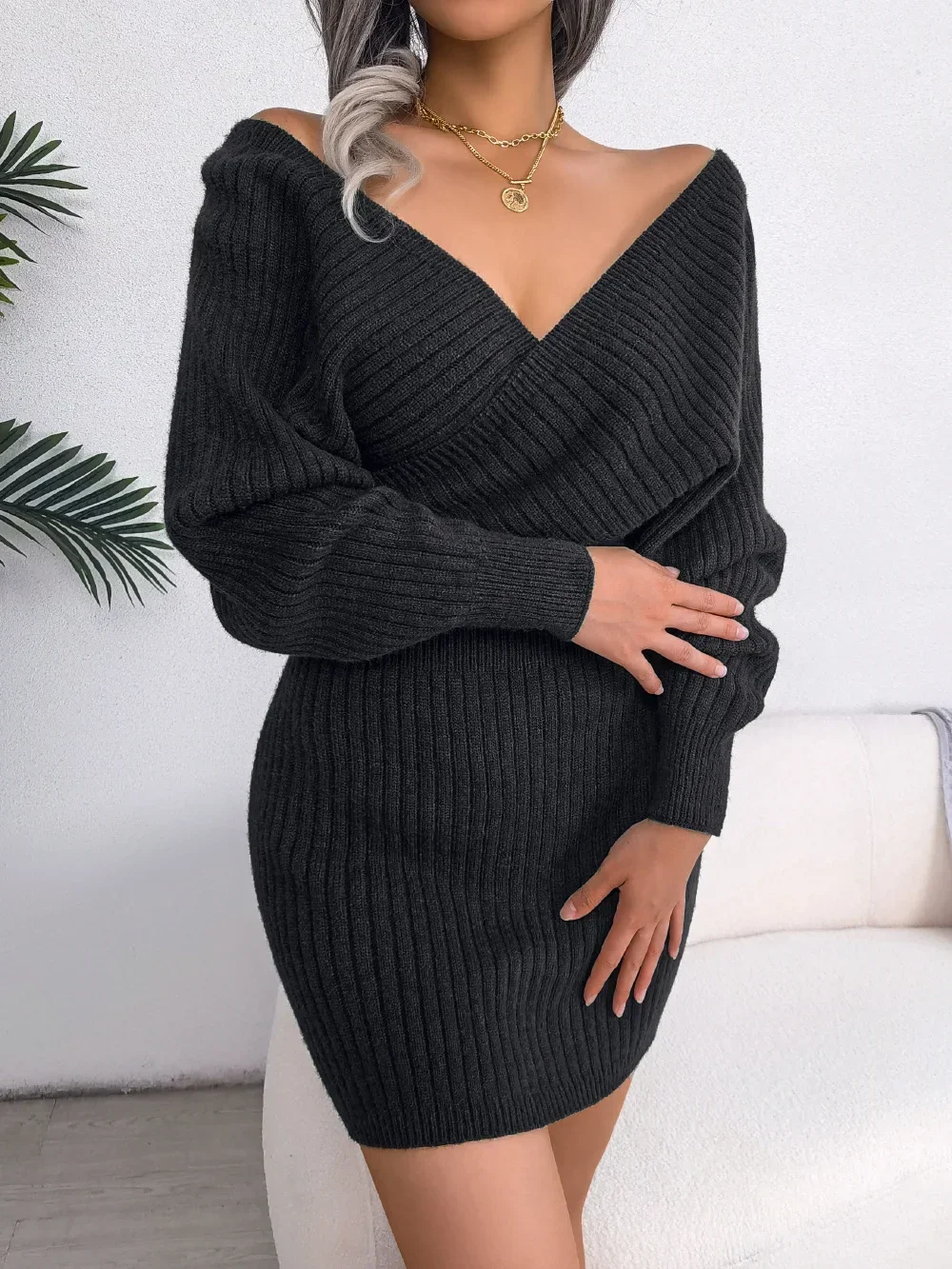 2024 Spring Bodycon Sweater Dresses For Women New Autumn Casual Long Sleeve Knitted Clothes White Green Blue Black Purple Dress