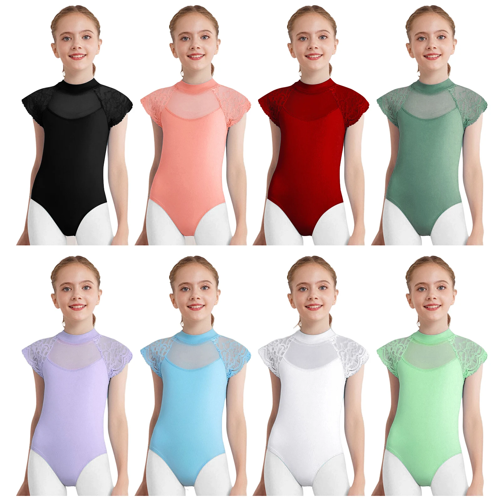 أطفال بنات الدانتيل كاب الأكمام الجمباز الباليه ملابس رقص الجمباز بقماش شفاف انقطاع ارتداءها الباليه ممارسة فحص Dancewear #5