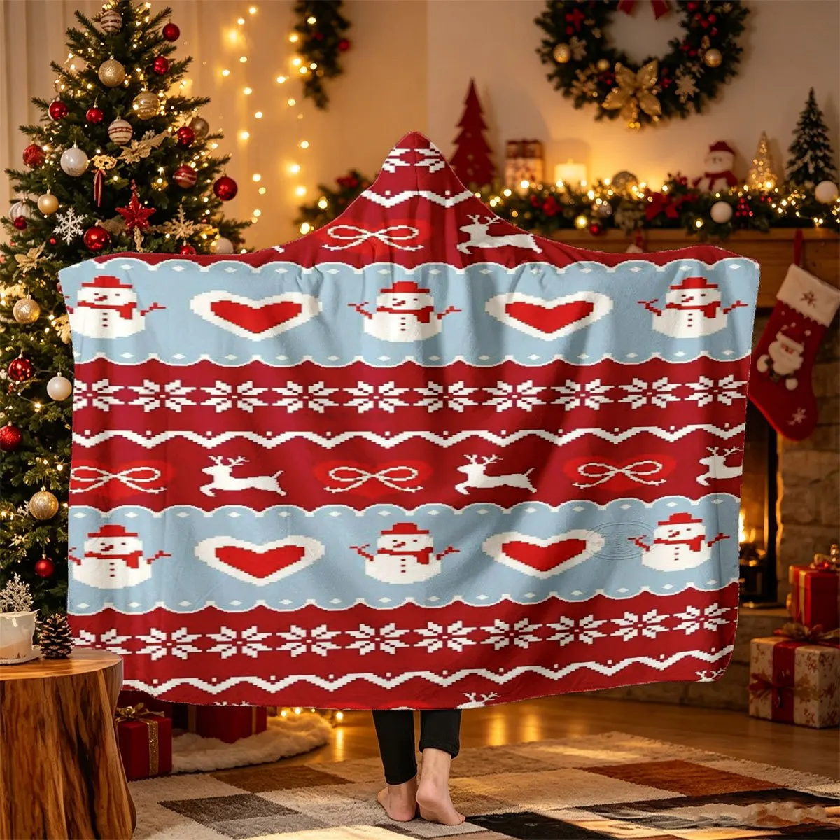 Nordic Fair Isle Snowman Reindeer Style Christmas Theme Fleece Hooded Blanket, Wearable Blanket, Halloween Costume