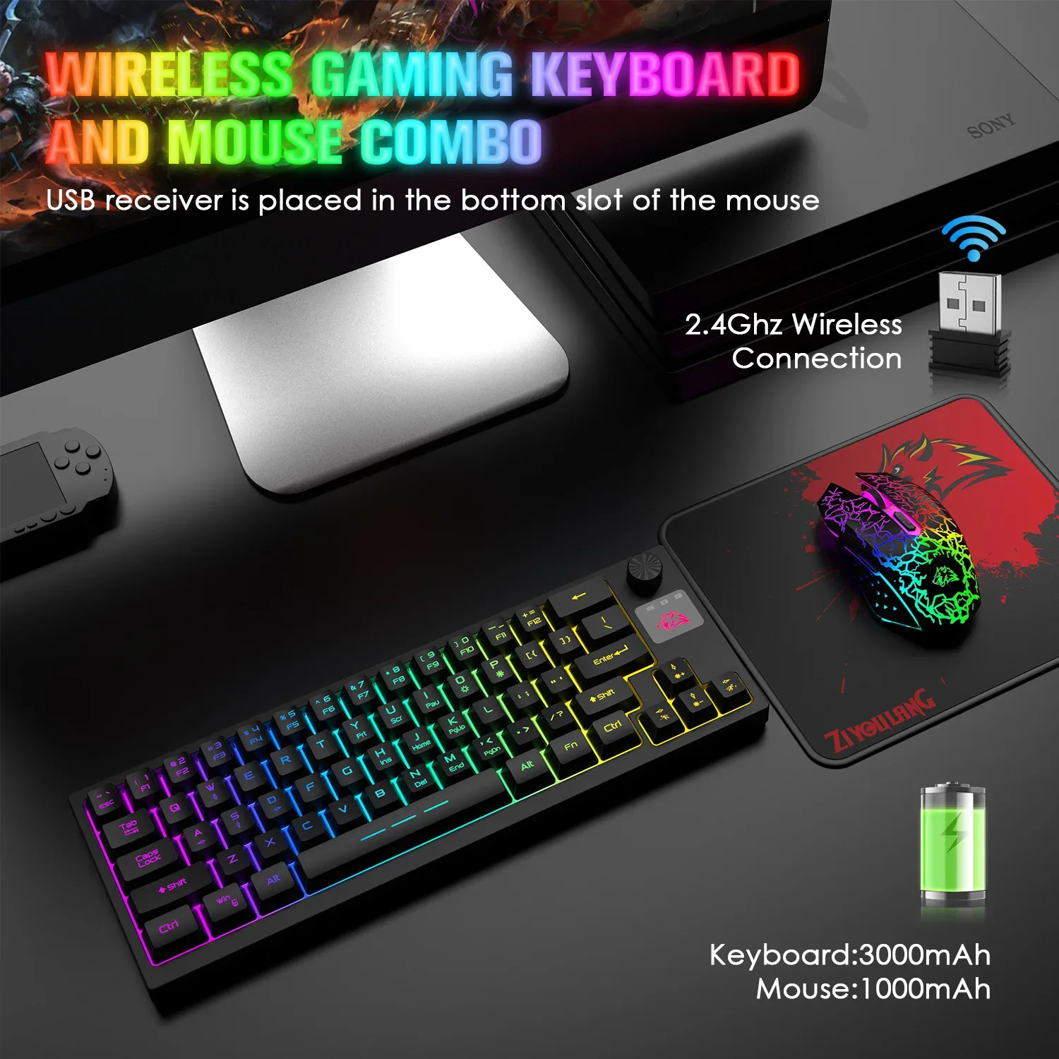 Imagem -02 - Wireless Gaming Office Teclado e Mouse Grupo 2.4g Ergonômico Recarregável Rgb Backlit Apto para pc Gamer Computador Laptop