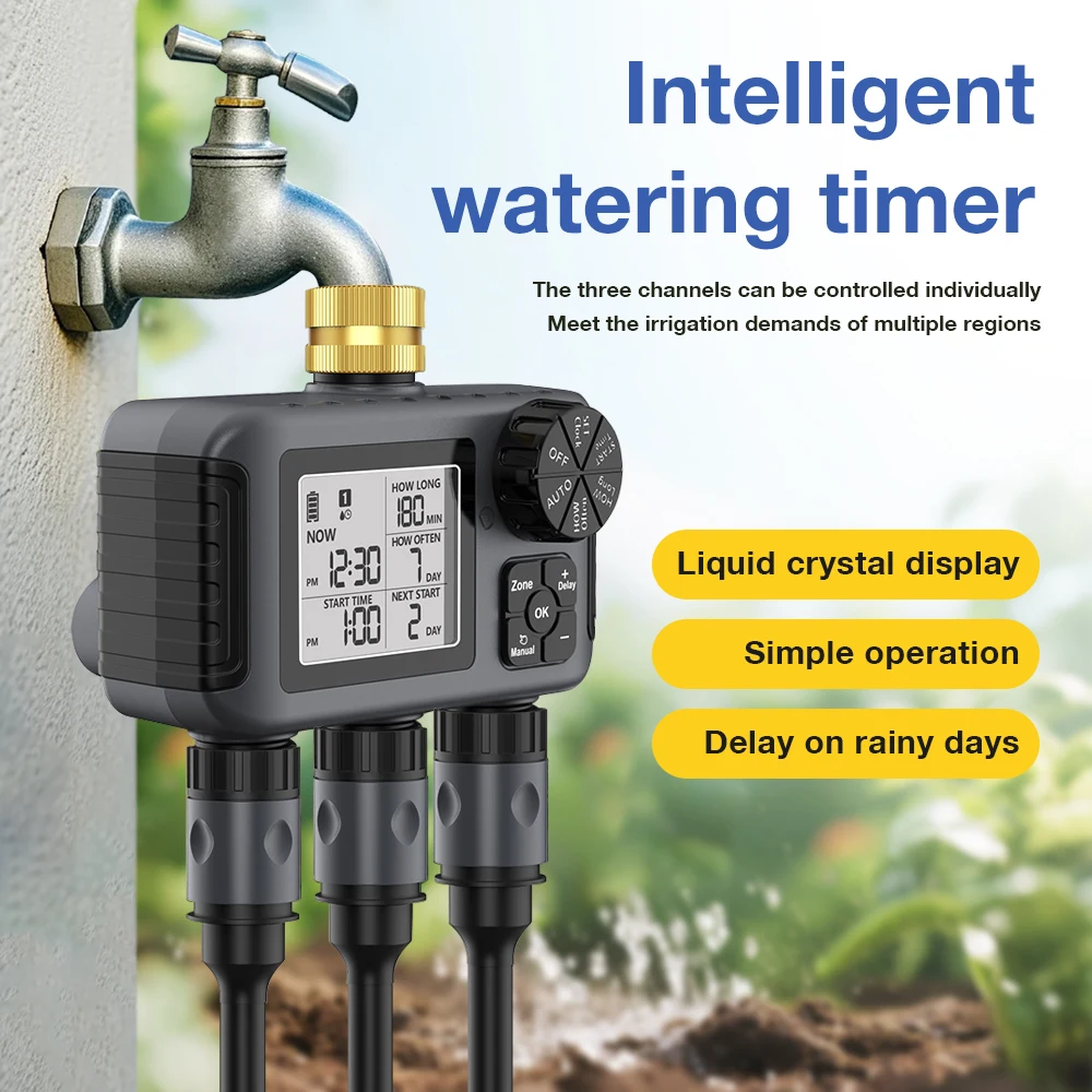 

Садовая система орошения с таймером воды, 3-выходная цифровая садовая спринклерная программатор, задержка дождя, автоматический полив для садового газона