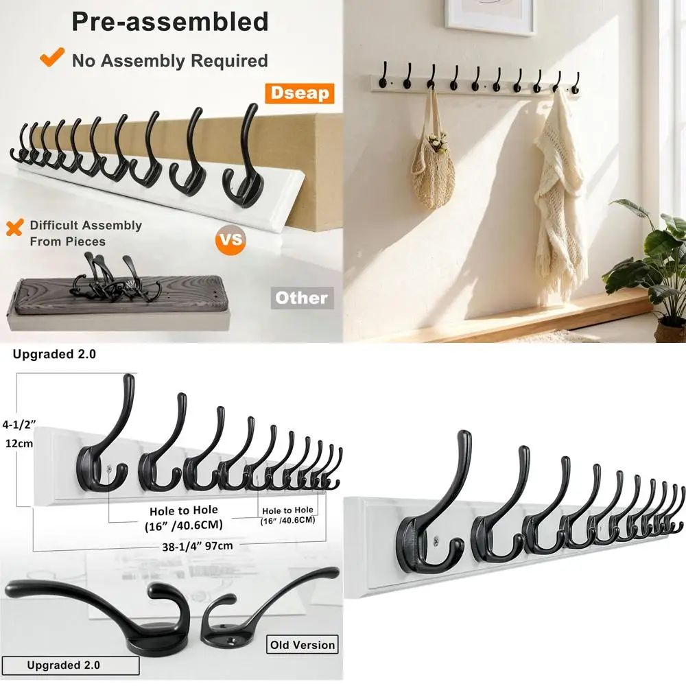 

Настенная вешалка для одежды на 10 крючков, длина 38,25 дюйма, расстояние между крючками 16 дюймов, деревянная, доступна в белом и черном цветах.