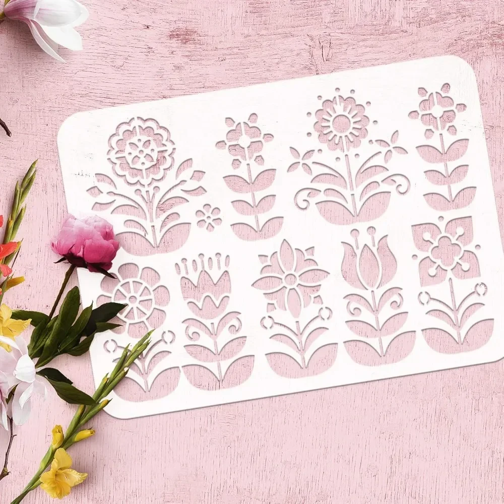 Flower Border Stencil 11.7x8.3 inch Reusable Floral Pattern Wall Stencil DIY Spring Floral Painting Template Abstract Folk