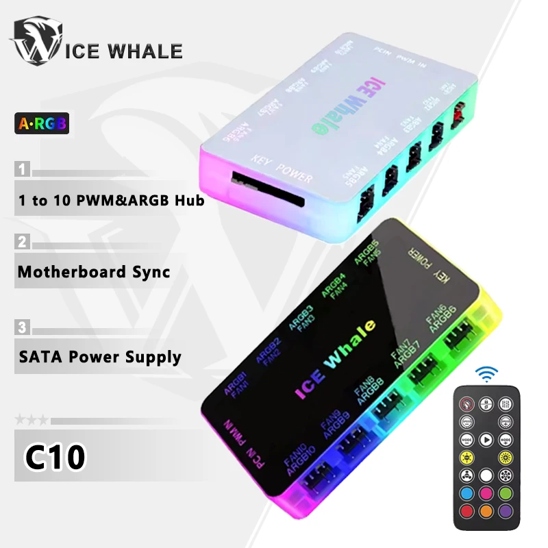 ICE Whale C10 1 ~ 10 PWM 및 ARGB 케이스 팬 허브 분배기 4Pin PWM 3Pin 주소 지정 가능 ARGB SATA 전원 인터페이스(원격 제어 포함)