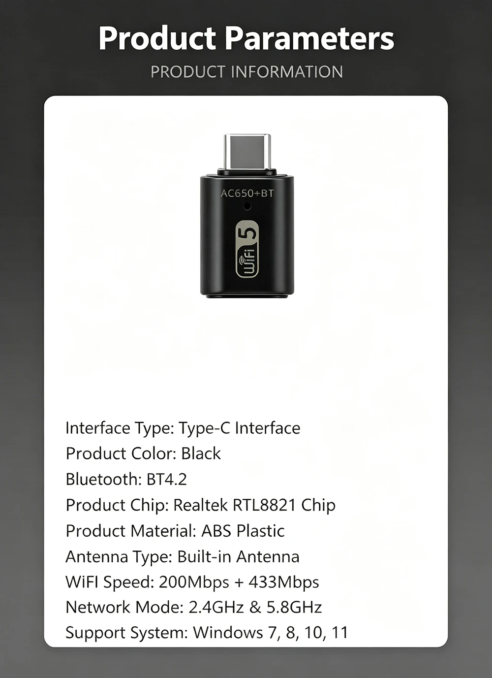 Type C Wifi AC650 Dual-Band Wireless Network Card, Driver-Free 5G High-Speed PC WiFi Receiver, USB Bluetooth WiFi Combo