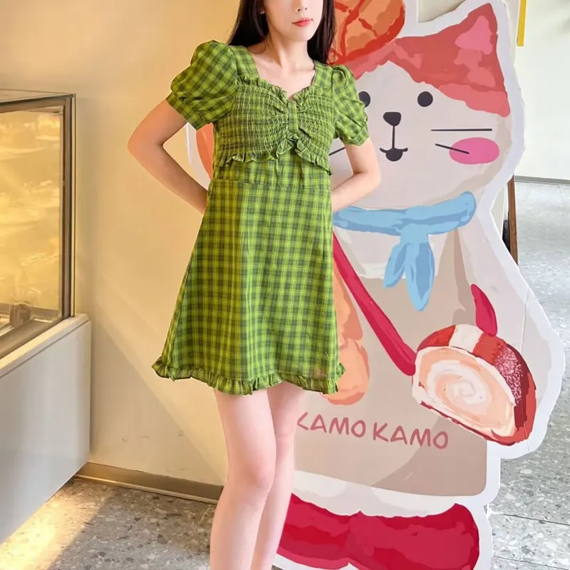 Female Clothing Plaid Sweet Mini Dress Fashion Shirring Folds Summer Short Sleeve Vintage Elegant V-Neck A-Line Commute Dresses