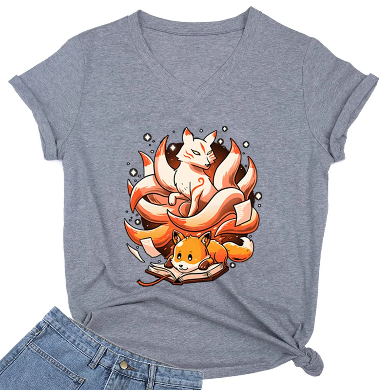 Book Spirit Fox Cartoon Anime Clothes for Women T-shirts V-neck Kawaii Clothes Short Sleeve Graphic T Shirts Y2k Top Women Tees