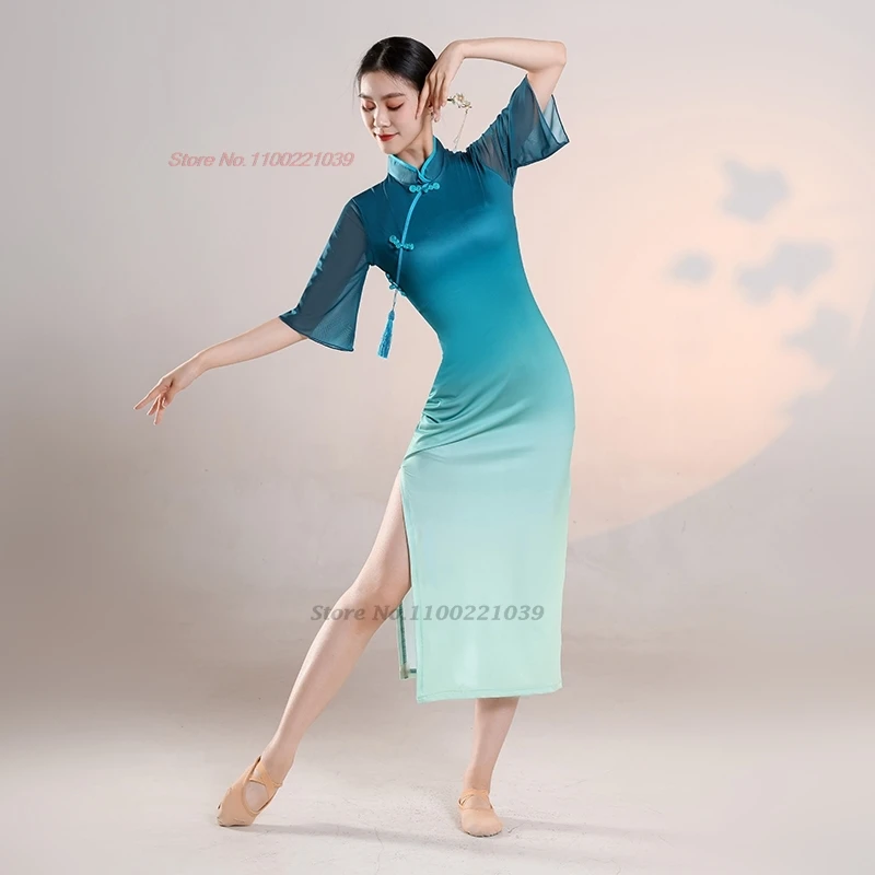 Vestido de baile vintage chino 2025, vestido qipao popular de color degradado nacional, cheongsam de danza folclórica tradicional puesta en escena