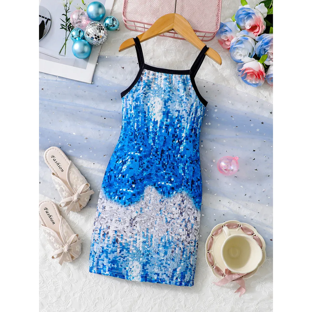 3-12 Years Kids Girl Summer Ball Gown Dress Suspenders Sequined Print Wrap Buttocks Dress Fashion Child Girl Festival Party Wear