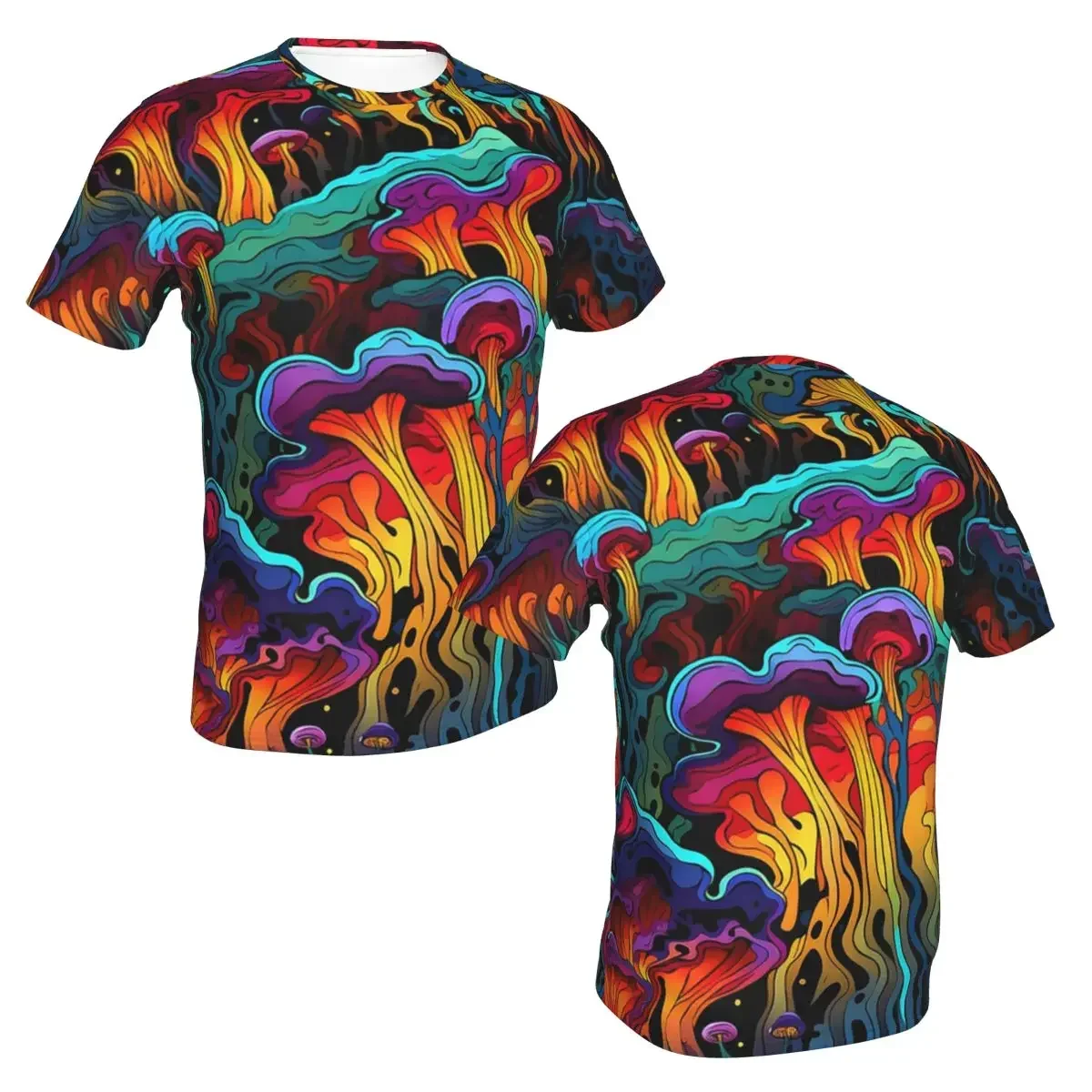 polyester Acid Trippy Weird Psychedelic Wavy Mushroom T-Shirt Men's Funny T Shirt Men Crew Neck Summer Shirts Tops