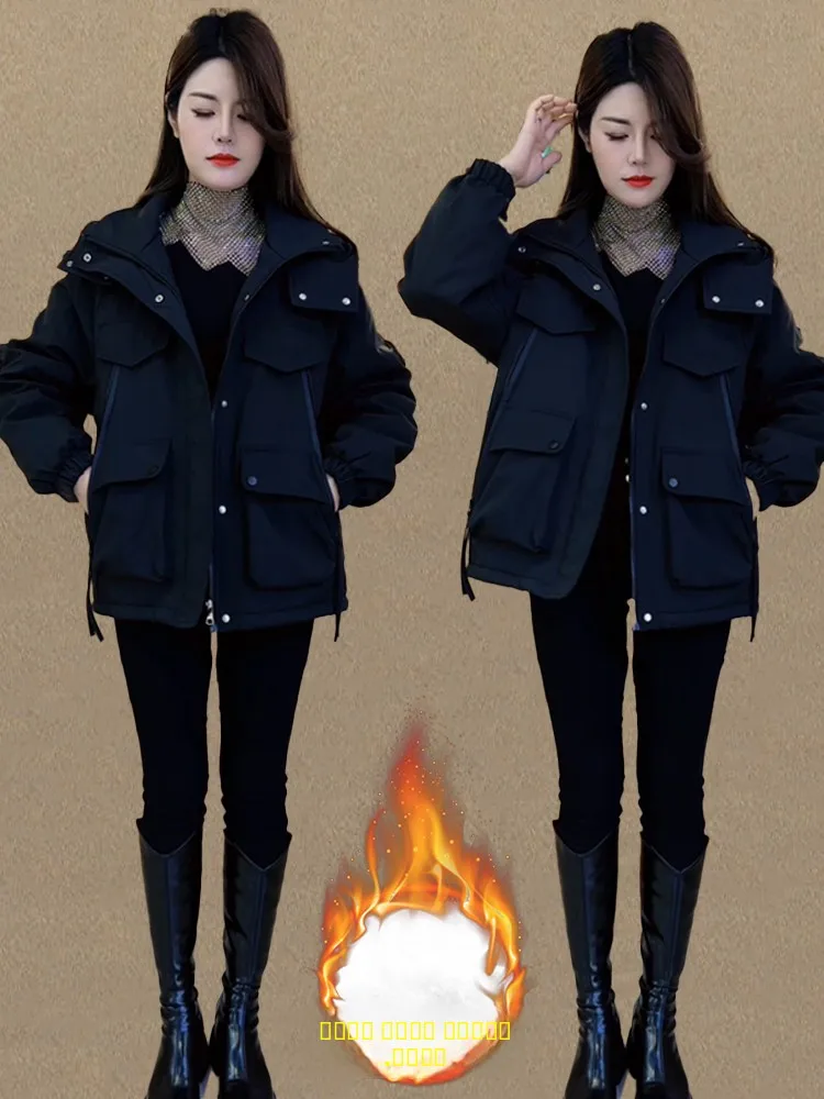 

Утепленная хлопковая куртка с капюшоном для женщин: модная, свободного кроя, маленького размера, стройнящая, зимняя, новинка