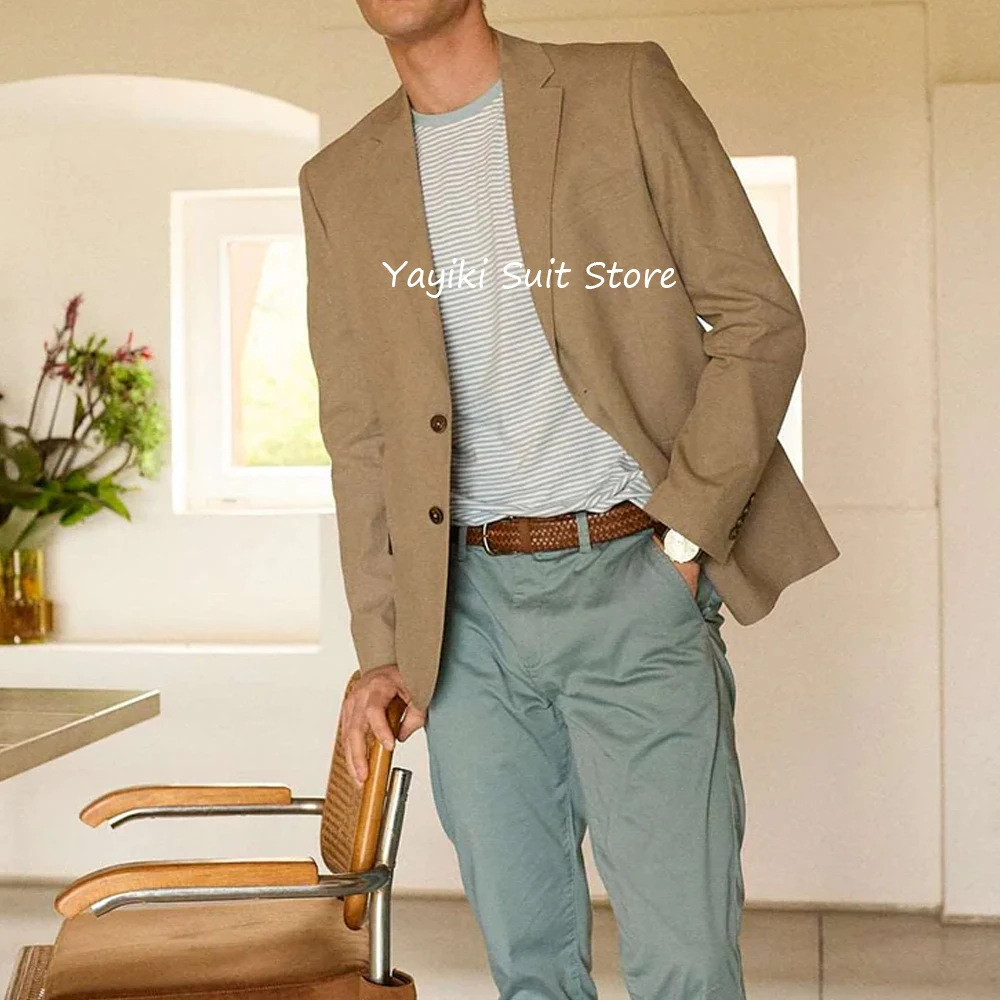 

Мужские пиджаки с двумя карманами, модные костюмы, льняная мужская куртка, повседневные куртки с воротником на заказ, летний топ, пиджак, одежда