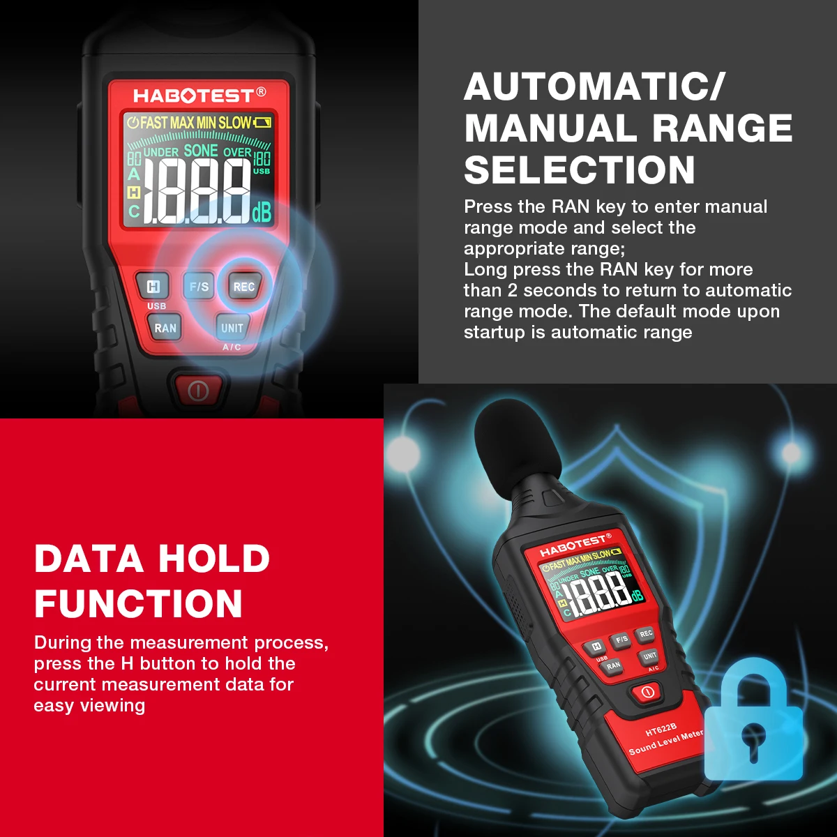 HABOTEST HT622 Misuratore di livello sonoro digitale Tester di rumore Rilevatore di rumore Decible Monitor 30-130dB con funzione di connessione dati