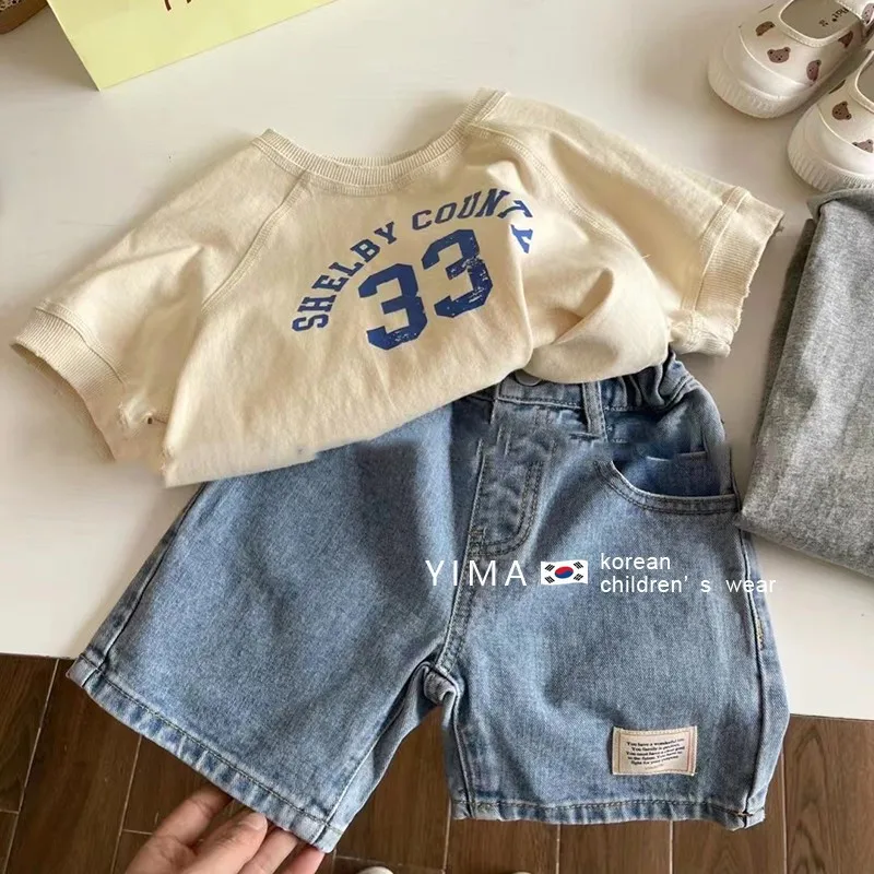 

Children's clothing set summer new style boys' casual short sleeved T-shirt+denim shorts 2-piece set
