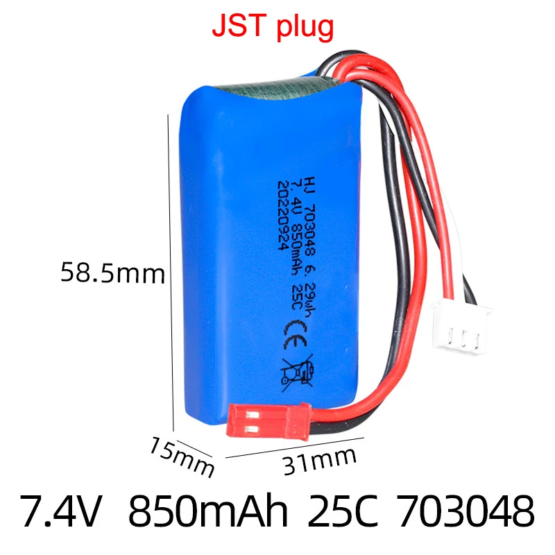 7.4V 850mAh 25C 703048 bateria Lipo wtyczka JST dla X600 U829A U829X 907 V912 V262 V353 BQ202 V333 RC Quadrocopter 2S wysokiej mocy