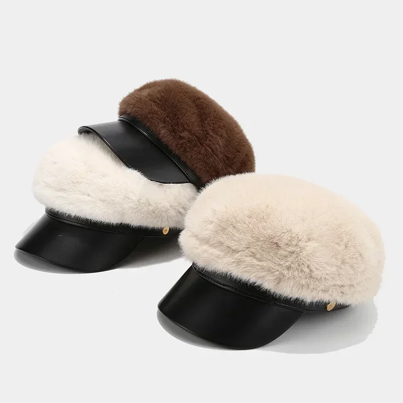 Boina de pele de vison vintage feminina luxo versátil artista chapéu meninas senhora inverno quente cabeça grande boné octogonal aba dura bonés de esqui