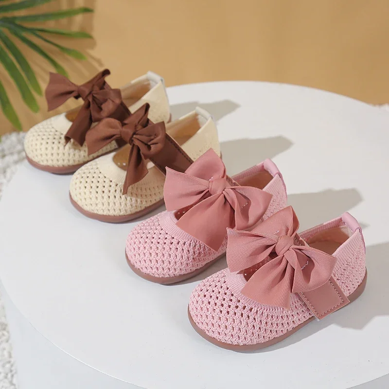 

Toddler Kids Flat Shoes Big Bows Weave Soft Sole Girls Princess Shoes Round Toes 2025 New Fashion Baby Walking Shoes Comfortable