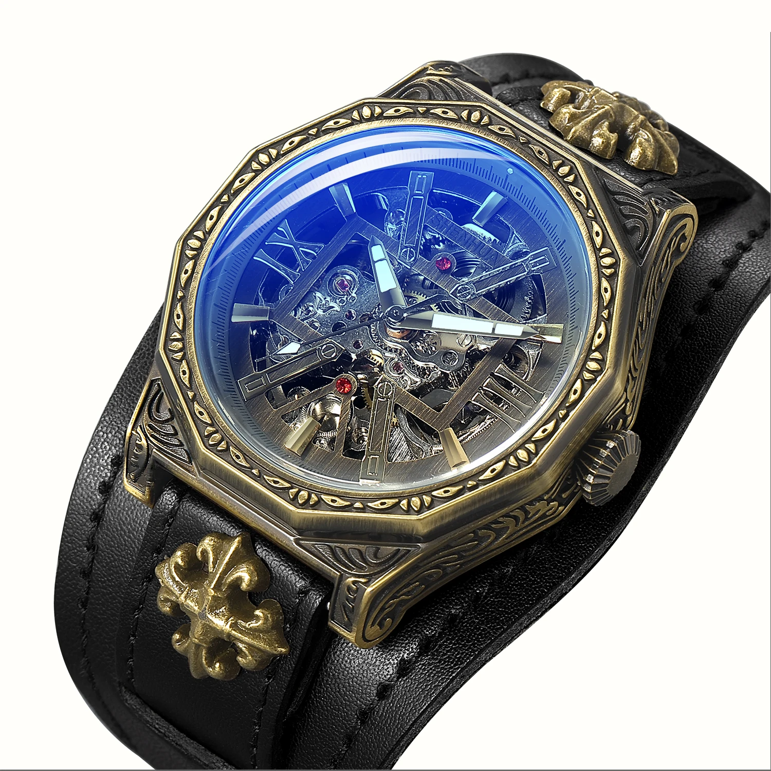 SHENHUA Luxury Steampunk Rock Style Wristwatch Retro Carving Man\'s Automatic Mechanical Watch Luxury Skeleton Waterproof Watch