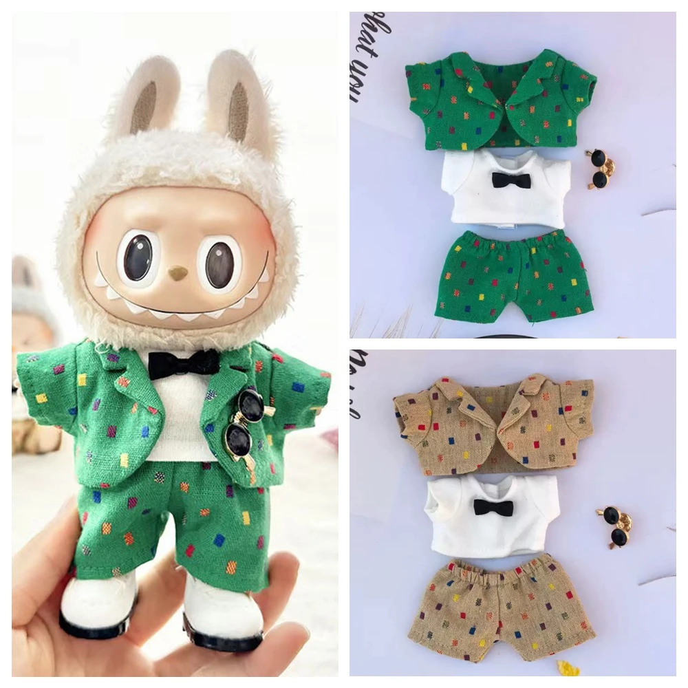 Kawaii 17cm Labubu Doll Fashion Candy Color Western Suit Clothes Cute 15cm Idol Plush Doll Accessories Gifts