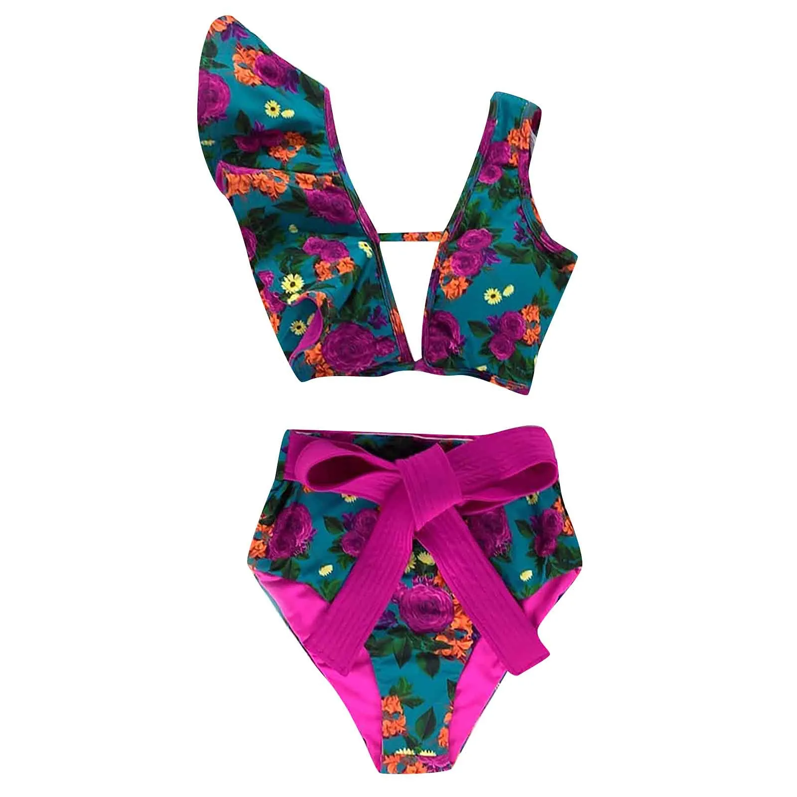 Vrouwen badpak sexy bandjes hoge taille bedrukte riem bikini bloemen blad badmode strand badmode zomer badpak tankini