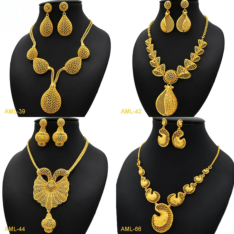 Carving Unique Patterns Women Jewelry Gold Color Jewelry Set Middle Eastern Bride Wedding Pendant Necklace Earring Two Piece Set