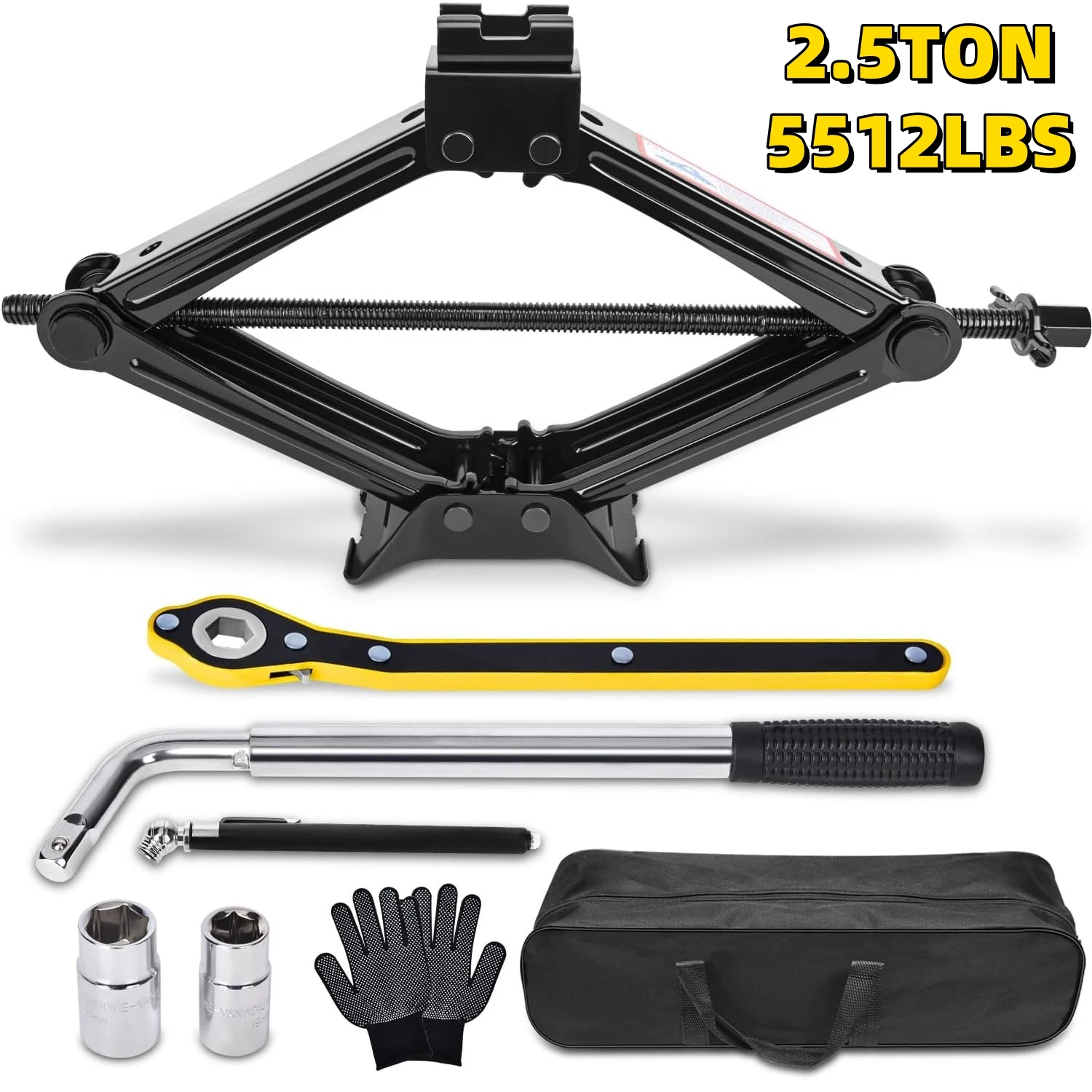

2.5 Ton Car Jack Kit Scissor Jack 5511 lbs Tire Jack Tool Universal Car Emergency Kit with Lug Wrench Tire Changing for Car SUV