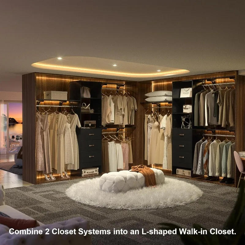 96 Inches Closet System, 8FT Walk In Closet Organizer with 3 Shelving Towers, Heavy Duty Clothes Rack with 3 Drawers