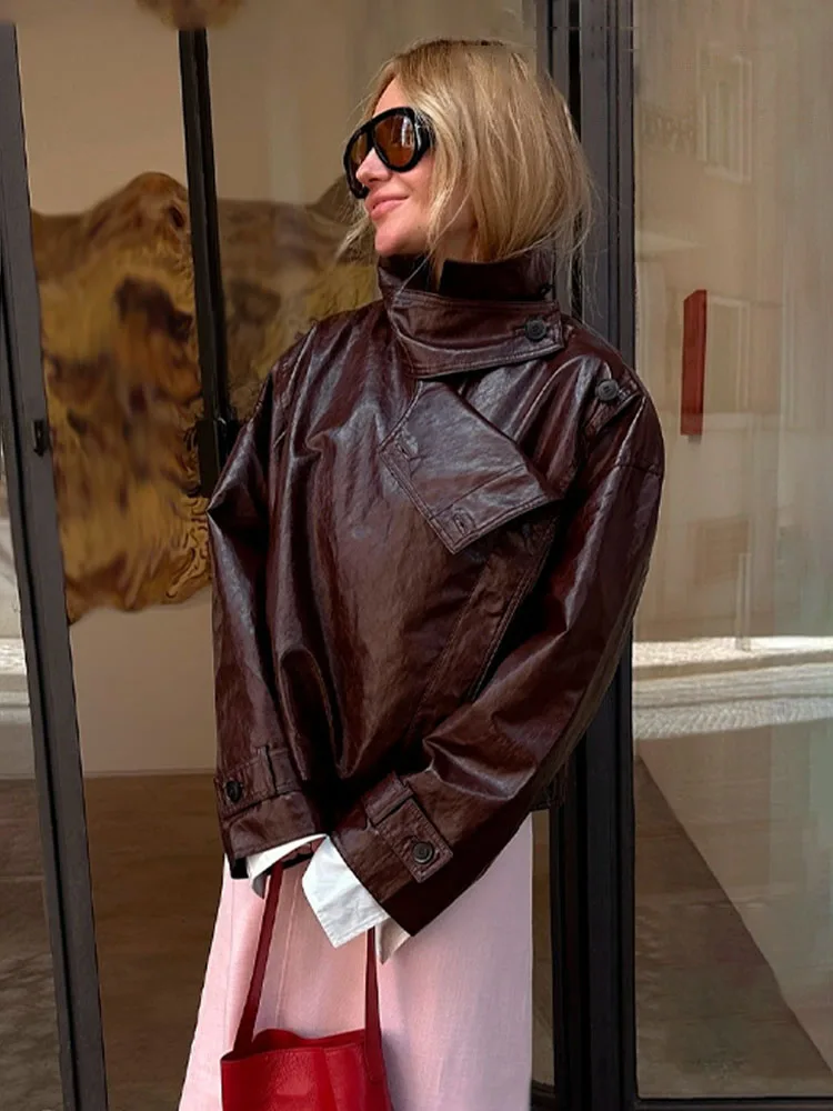 

HH Women's Autumn Fashion Versatile Skinny Leather Gloss Long Sleeve Coat Female Simple Temperament Casual Elegant Jacket