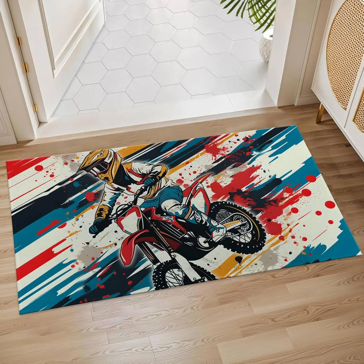 Motocross Rider Door Mat Non Slip Soft Absorbent Indoor Rug Dirt Bike Floor Mat for Entryway Living Room 17x29.5 Inch