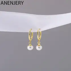 ANENJERY Silver Color Flat Pearl Hoop Earrings Hot Fashion Simple Charms Earrings for Women Girl Wholesale