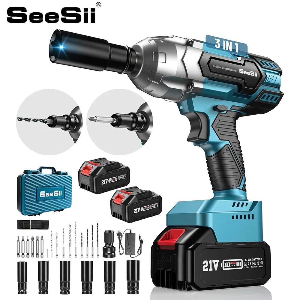 SEESII WH700 21V MAX Cordless Brushless Wrench 650N.m High Torque Electric Impact Wrench Power Tools with 2Pcs 4.0AH Batteries