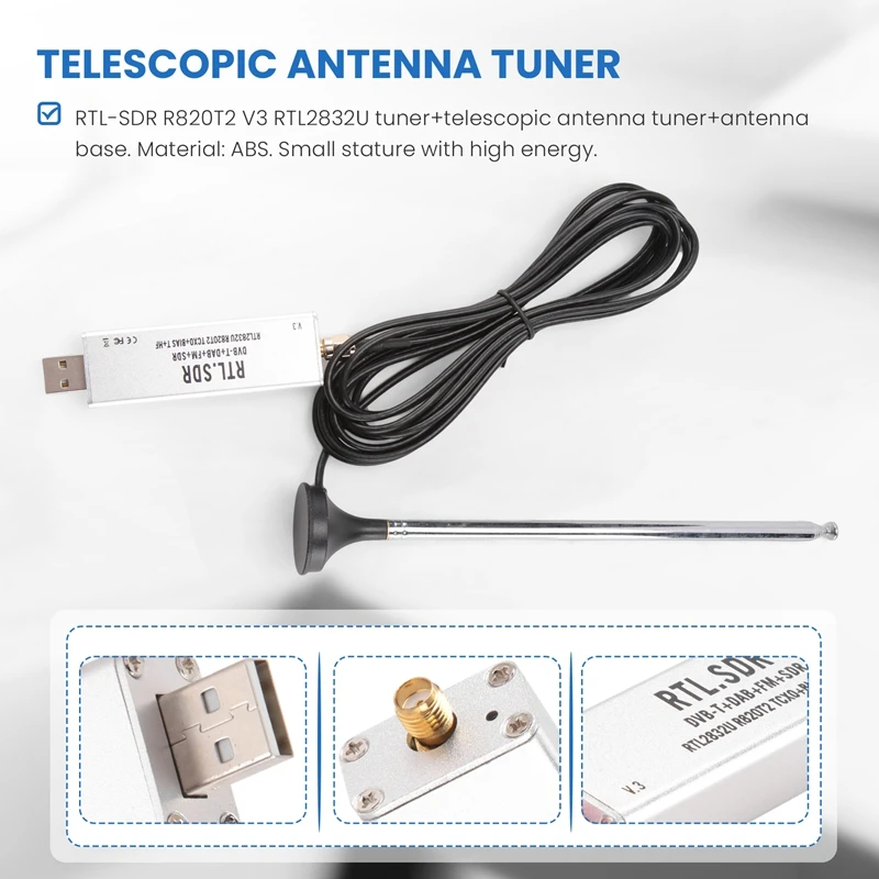 Telescópica Antena Tuner e Antena Base Acessórios Kits, RTL-SDR, R820T2, V3, RTL2832U