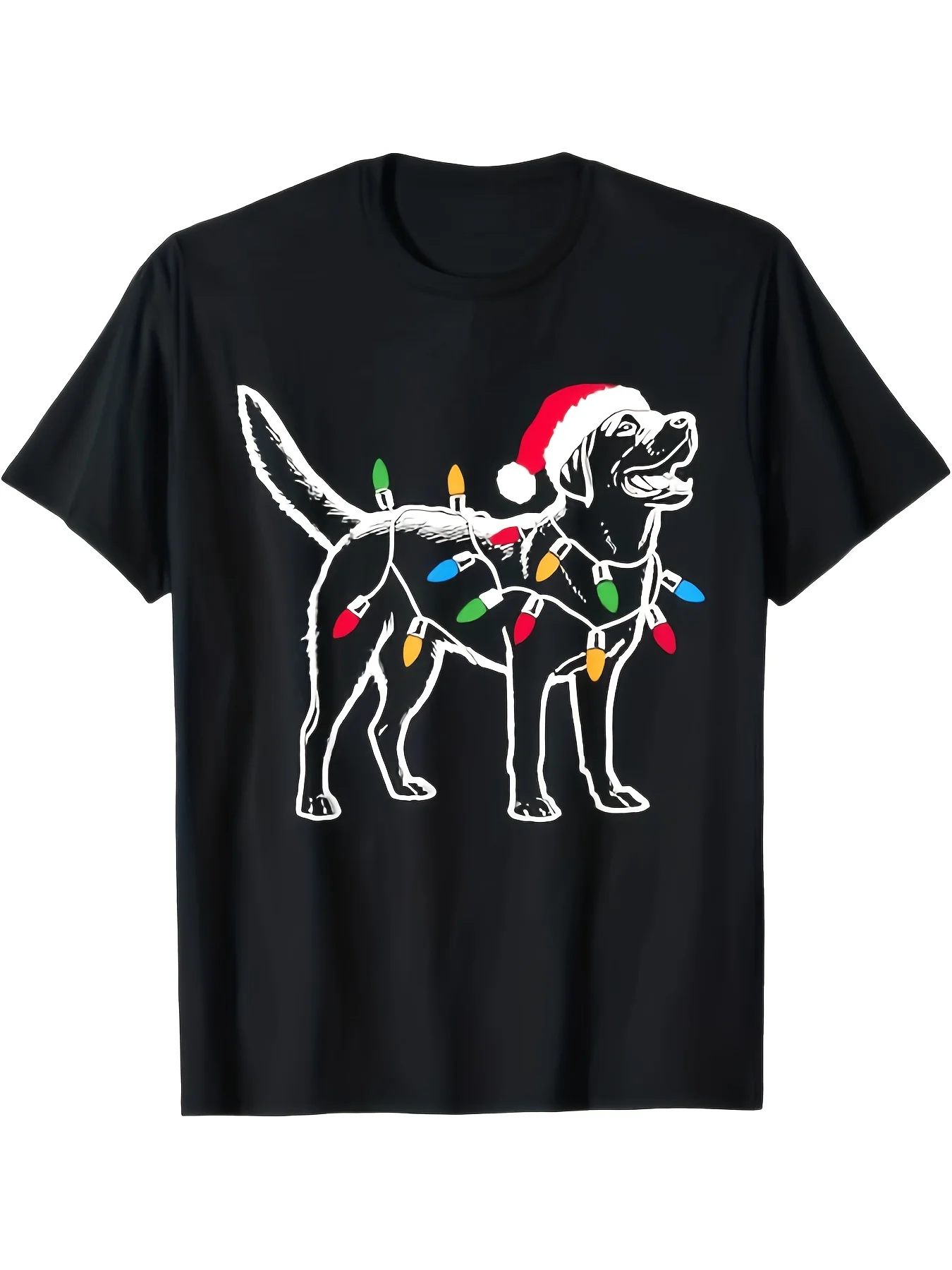 Men's Funny Labrador Retriever Christmas T-Shirt - 100% Cotton Soft Crew Neck Short Sleeve Tee with Labrador & Christmas Lights Design, Santa Hat Dog Shirt for Dog Lovers, Casual Wear & Holiday Gift (Black, Colorful)
