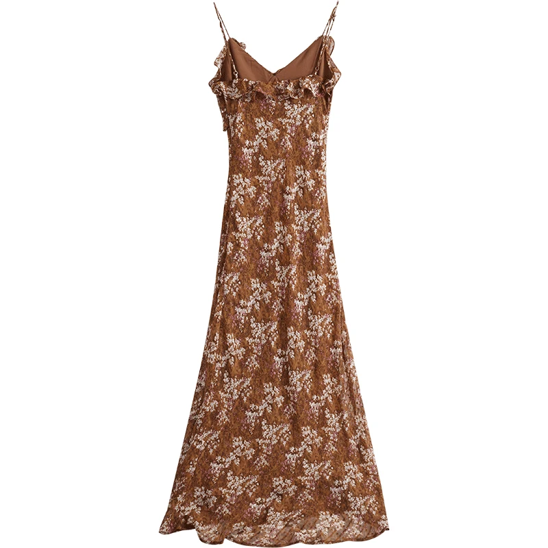 OLrain 花柄プリントキャミドレス女性 2025 夏フレンチファッションフラウンスエッジサンドレスパーティーエレガントロングドレス O24CL89198
