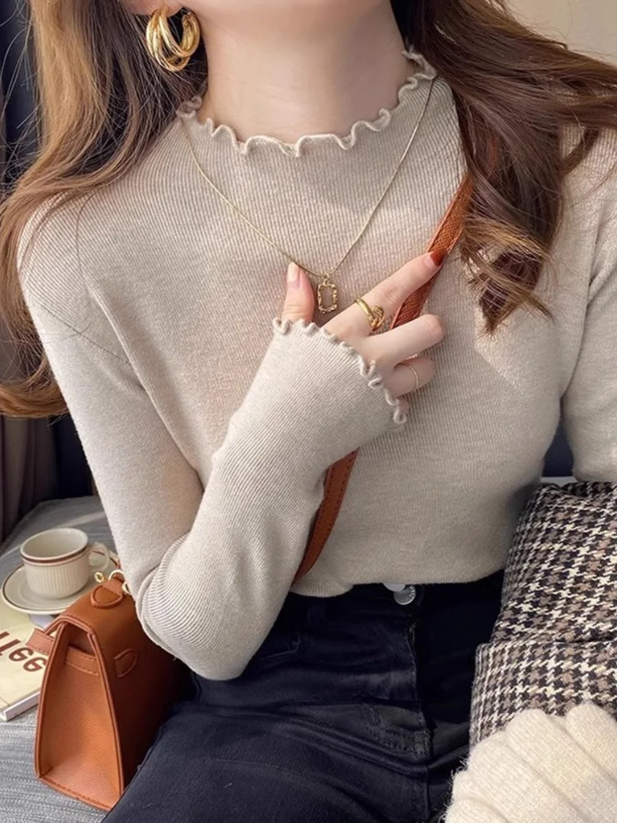 

Slim Fit Knitted Base Shirt Women's Inner Wear Fashionable Spring Autumn New Style Half High Collar Ear Look Soft V-Neck Top