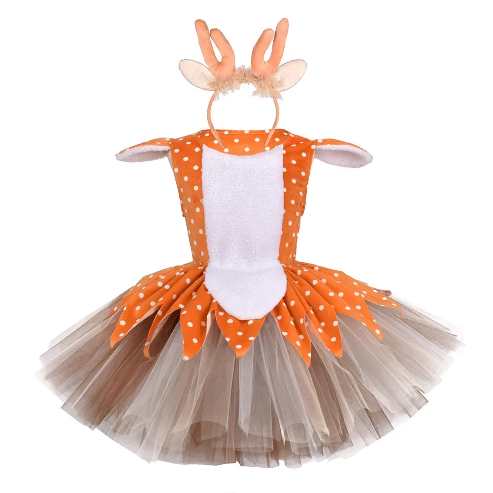 Elk Cosplay Tutu Dress Headwear Stage Performance Costume Kids Girl Top Skirt Children Outfits Halloween Carnival Party  Suit