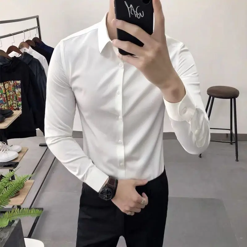 Korean Fashion Trend Casual Elastic Design Sense Short Sleeve Shirt Men\'s Solid Lapel Collar Button Breathable Simple Slim Tops
