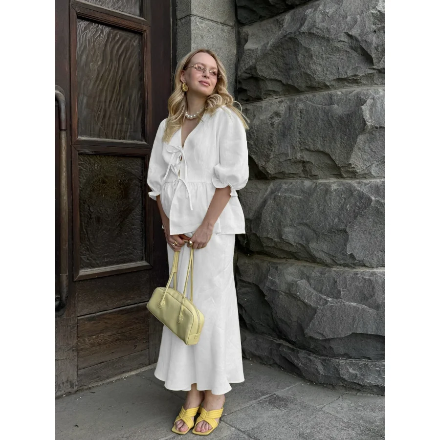 2026-summer-fashion-v-neck-lace-up-bubble-sleeve-shirt-loose-casual-long-skirt-two-piece-set-women's-temperament-set-fashion-set