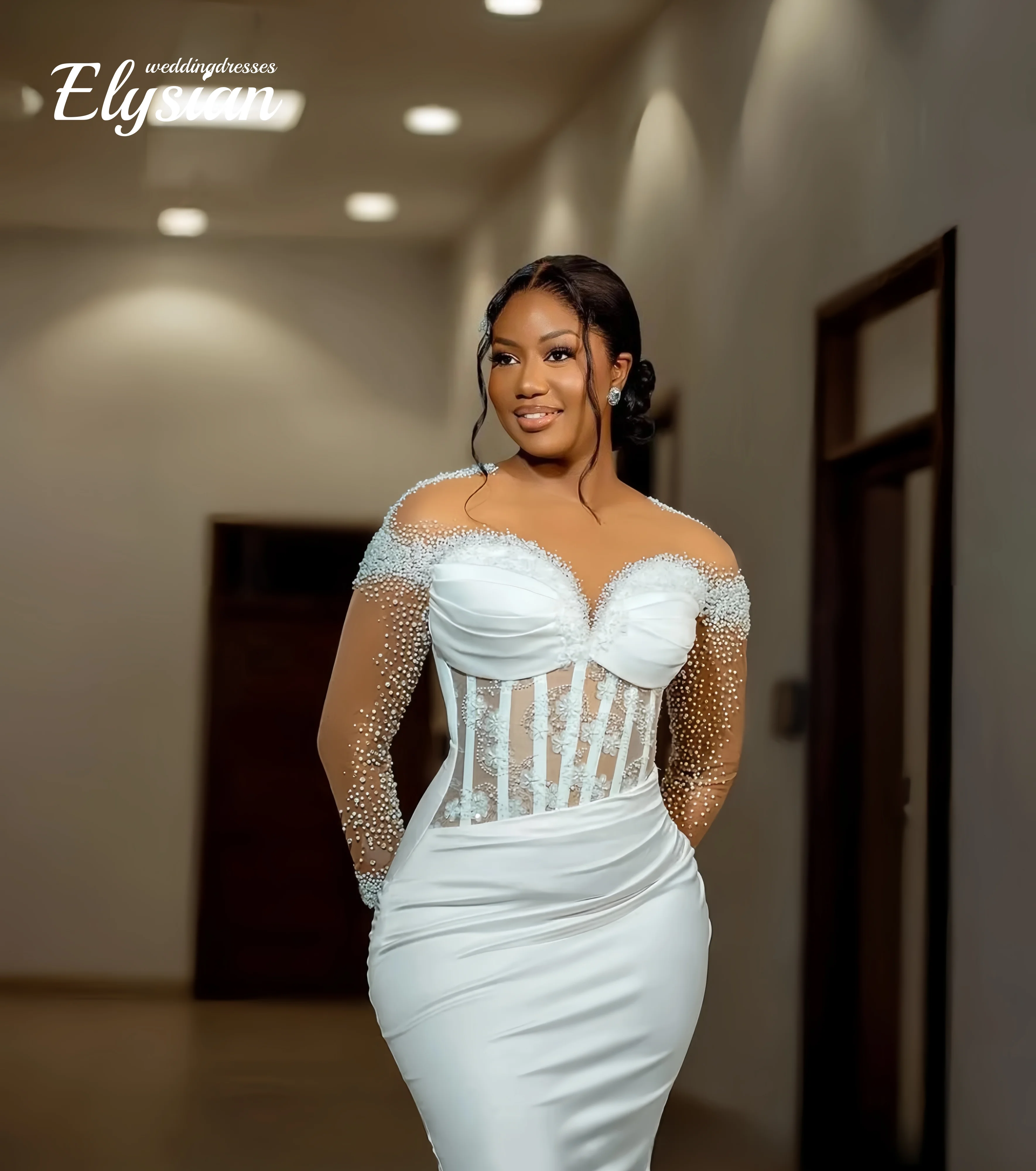 Customized Sheer Neck Shinny Beads Sequins Stunning Wedding Dress  Long Sleeves Vintage Bridal Gowns Vestidos Noivas