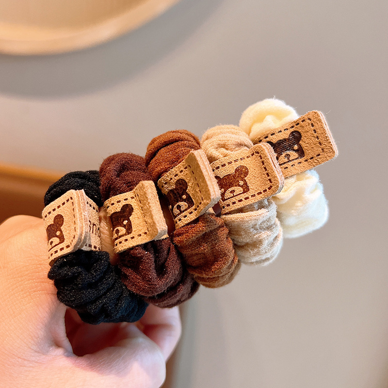  5pcs/set Simple Bear Label Rubber Band Head Rope Girl Fabric Hair Ring Fashion Solid Color Scrunchie  Hair Accessories for Women 