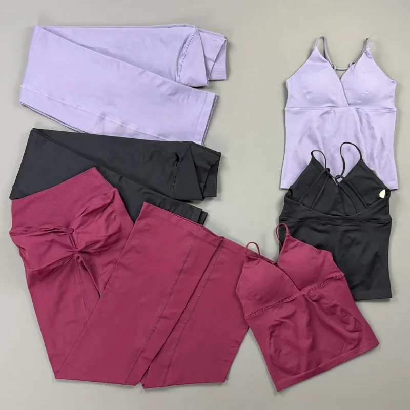 

HISTELLO Sports Vision Sets Seamless Twist Front Longline Top Women Cross Flare Leggings Yoga Fitness Suit Gym Workout Set