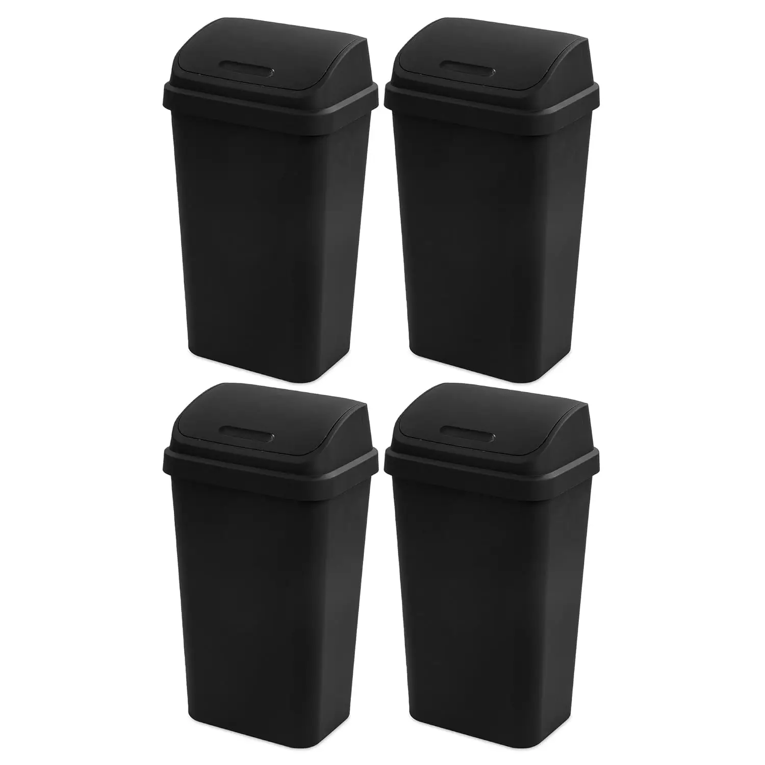 3 Gallon Plastic Swing Top Spave Saving Flat Side Lidded Wastebasket Trash Can for Kitchen, Garage, or Workspace, Black (4 Pack)