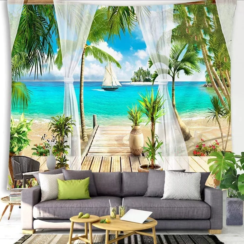 Beach Decor Tapestry Ocean Sea Tropical Island Palm Tree Scenic View From Balcony Summer Tropical Scenery Wall Hanging Tapestry