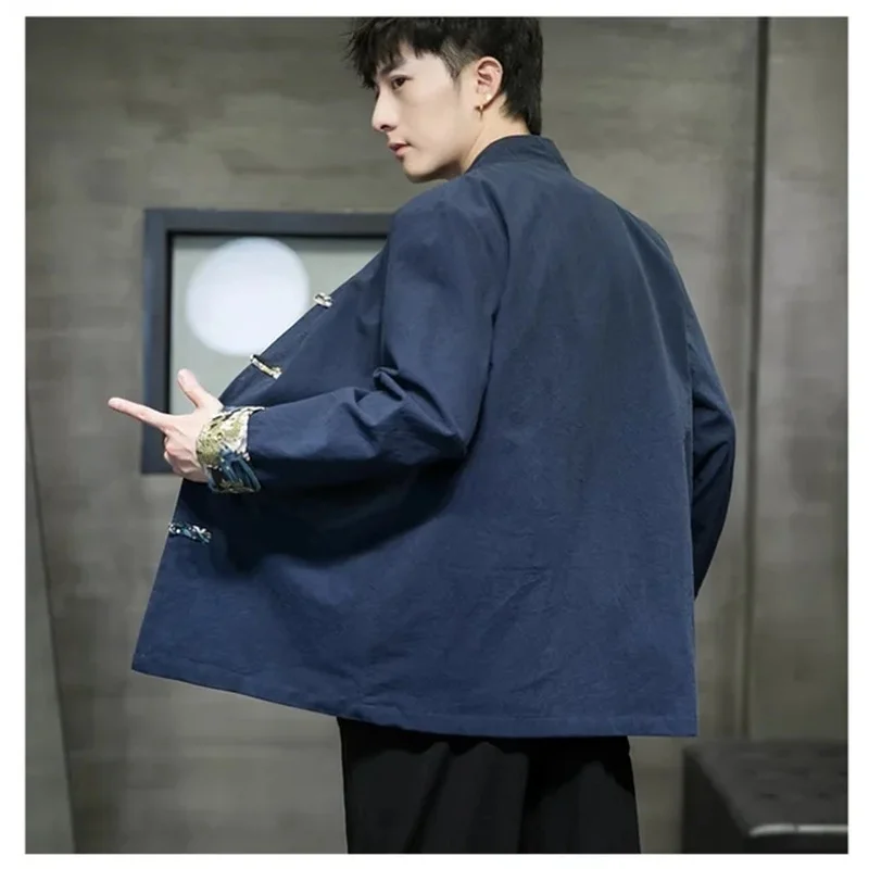 Chinese Style Men's Clothing Cotton Linen Jackets Spring Summer For Men Tang Suit Jacket With Color Block Hanfu Linen Jacket