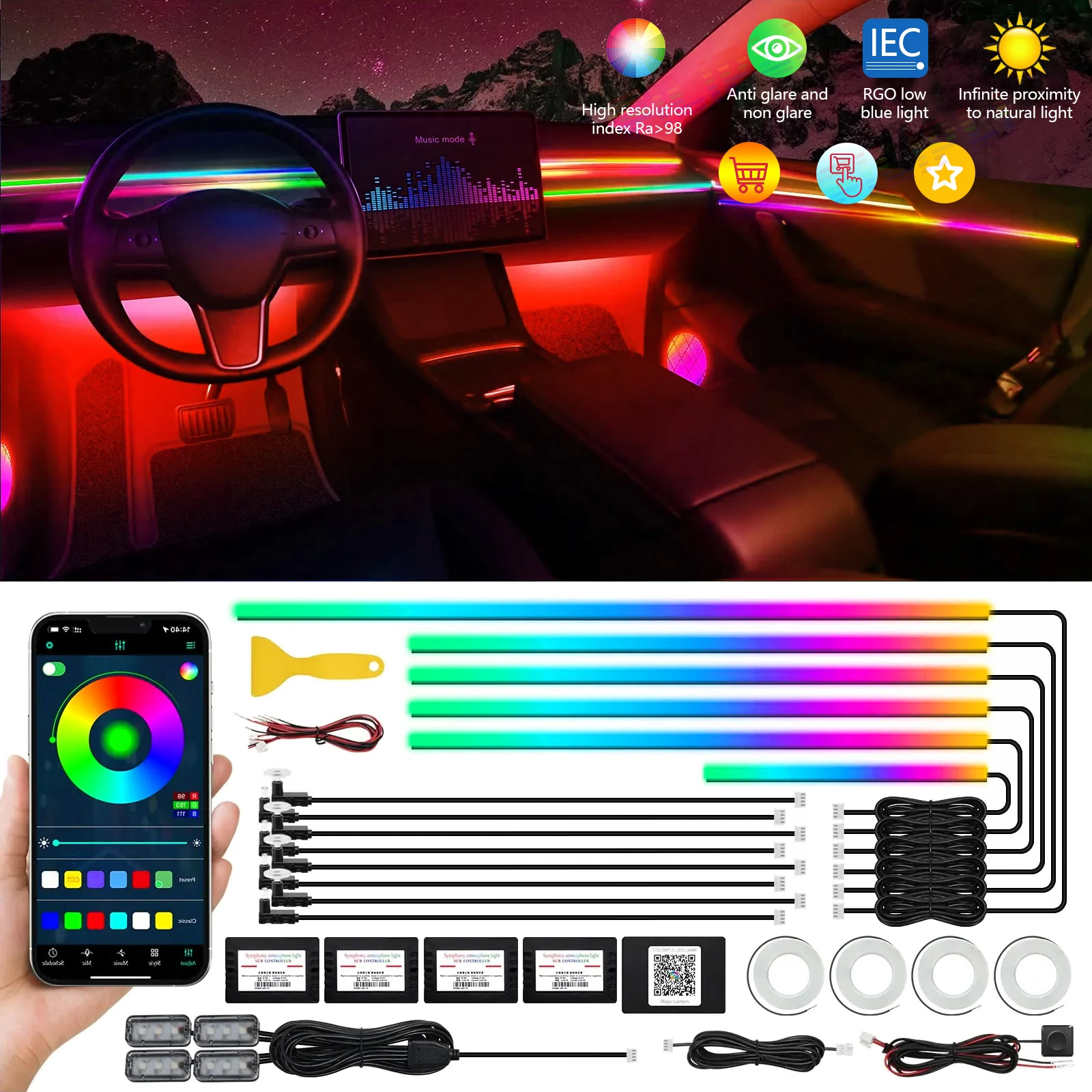 

Neon Lighting Ambient Led Light Acrylic Strip light Car Led Light Interior Atmosphere Lights Decoration Lamp APP For BMW Tesla