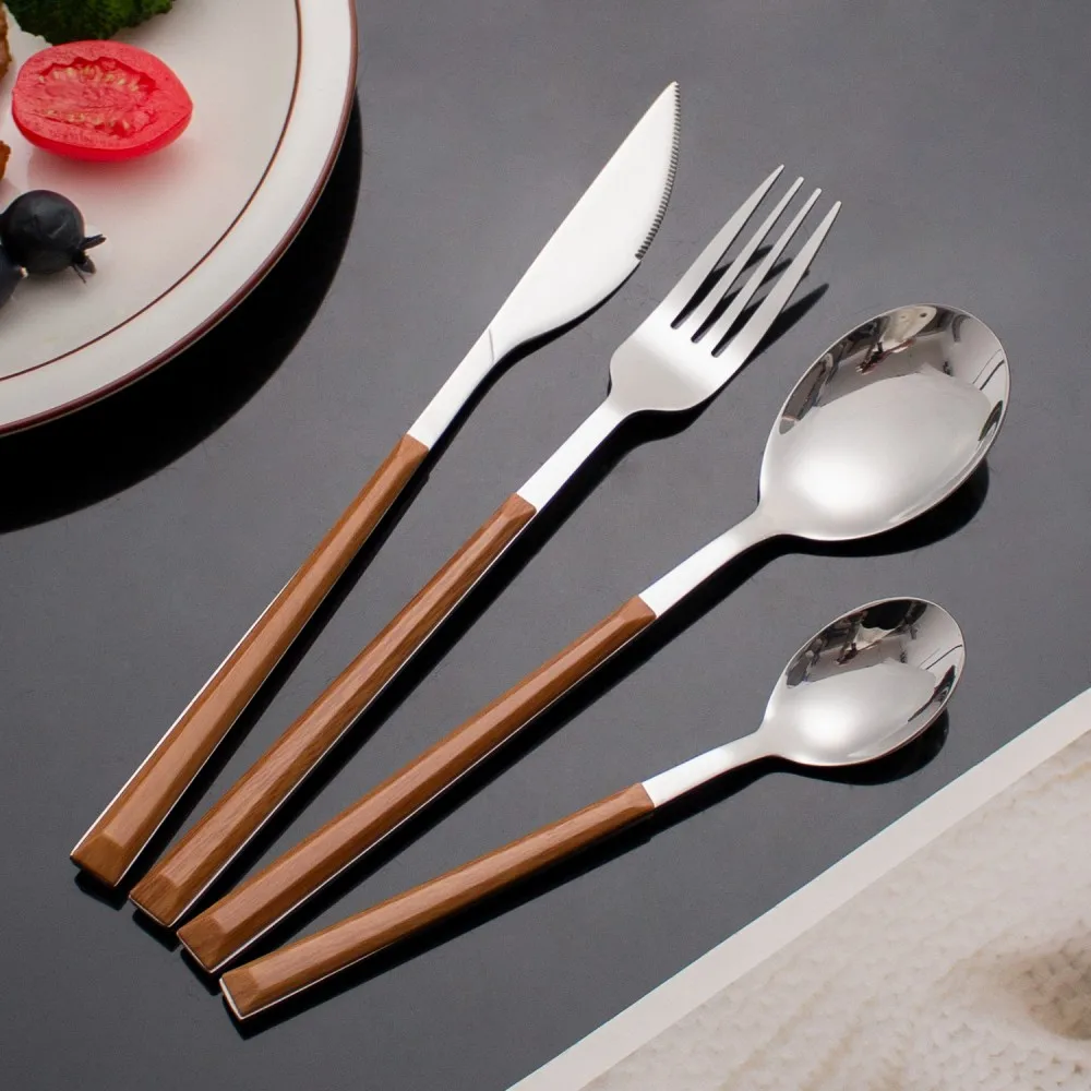 

16pcs Stainless Steel Plastics Handle Cutlery Set Dinnerware Clamp Western Tableware Knife Fork Tea Spoon Silverware Flatware