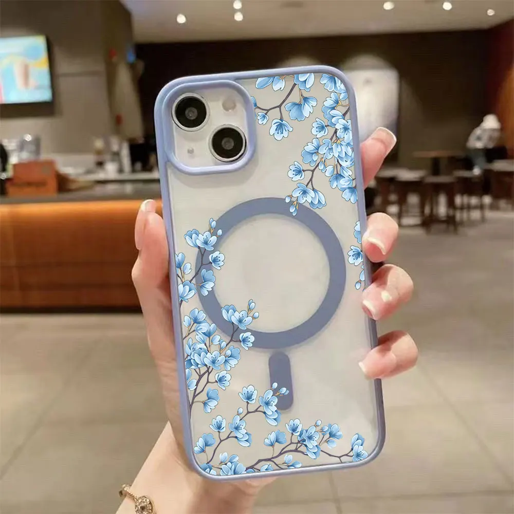 Blue Flowers Pattern Phone Case For iPhone 17 16 15 14 12 11 Pro XS Max XR Air 16e 17e Clear Magnetic Wireless Charge Back Cover