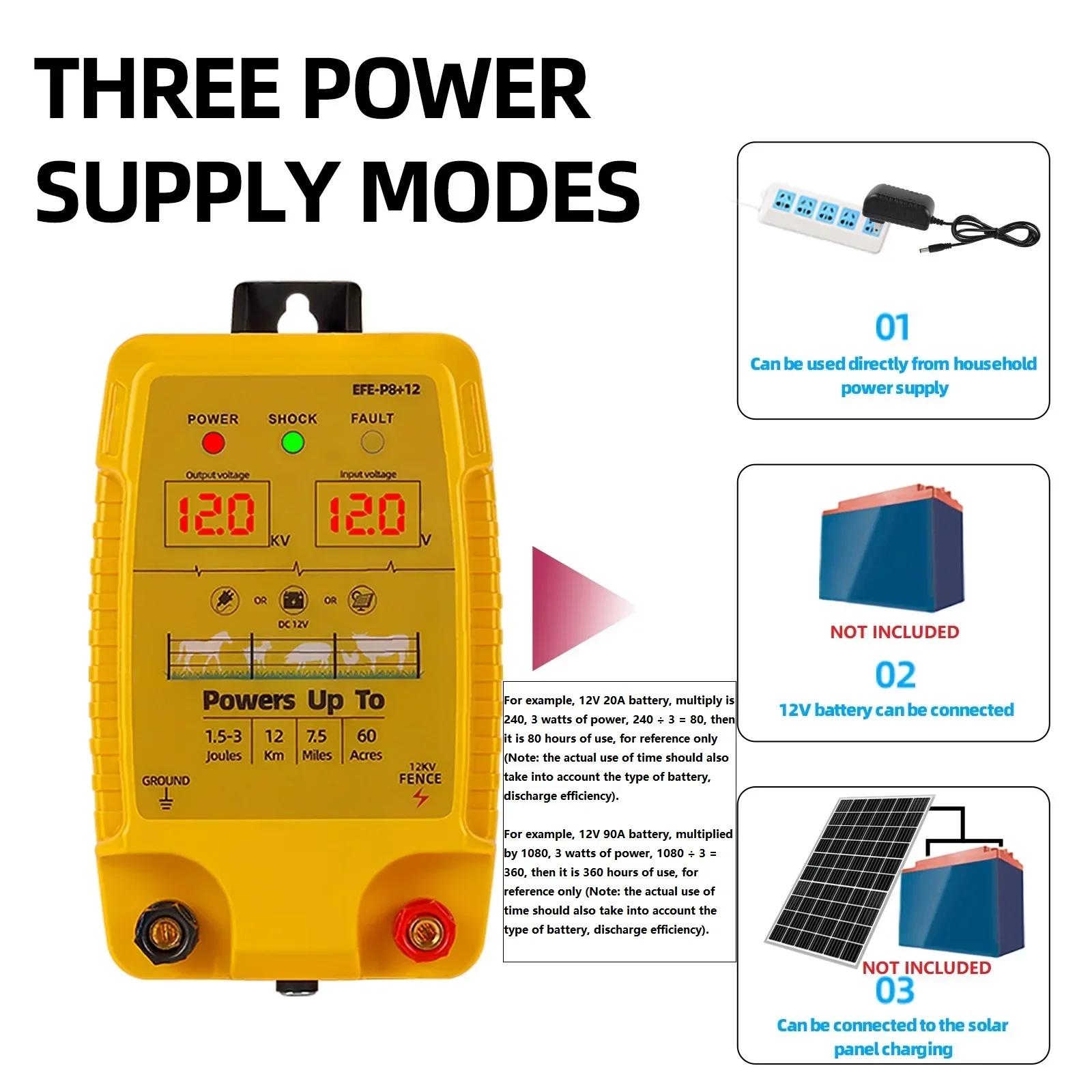 Electric Fence Charger 1.5-3 Joules/12Kv Electric Fence for Livestock Electric Fence 12Km Plug-In Electric Fence Power Supply